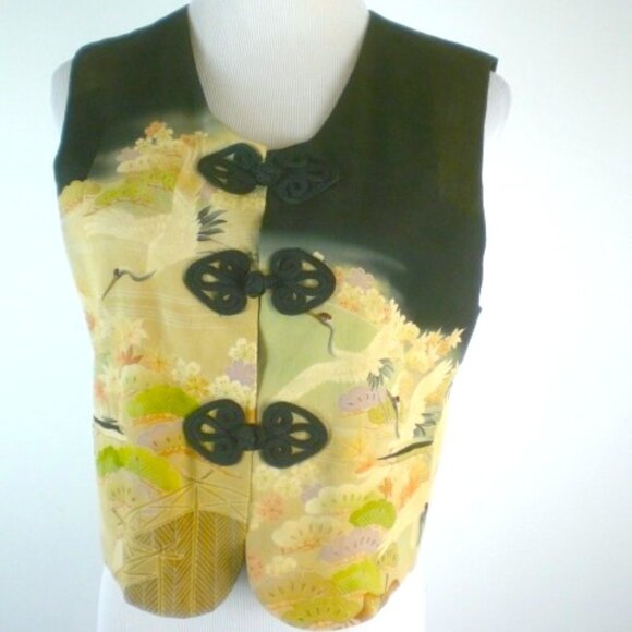 MAX & MABEL VINTAGE KIMONO VEST..olive brown gold floral S button up sleeveless - Picture 2 of 7